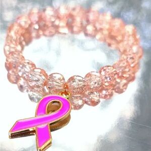 Breast Cancer Awareness elastic beaded charm bracelet